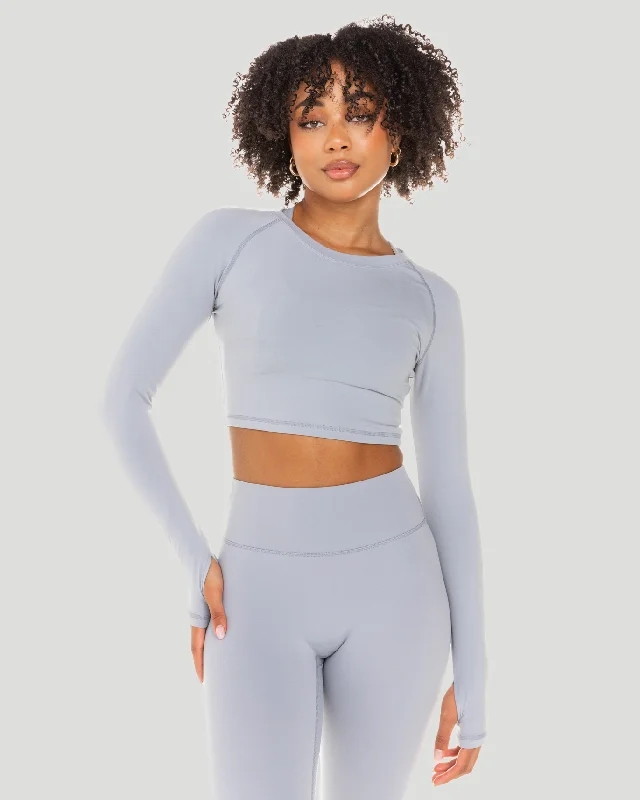 Yoga Tops for Movement and Flexibility -Aura Crop Long Sleeve - Steel Grey