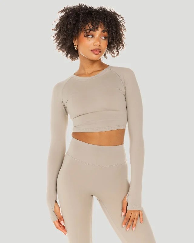 Women's Yoga Tops with Performance Features -Aura Crop Long Sleeve - Vintage Khaki