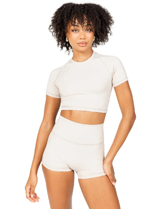 Yoga Tops with Adjustable Straps for Custom Fit -Aura Crop Tee - Oat Latte