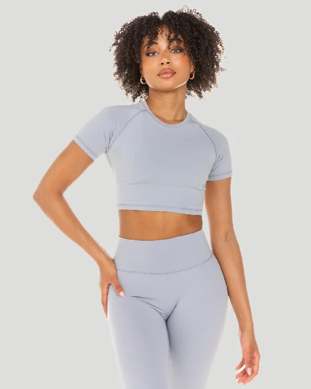 Yoga Tops for Performance and Comfort -Aura Crop Tee - Steel Grey