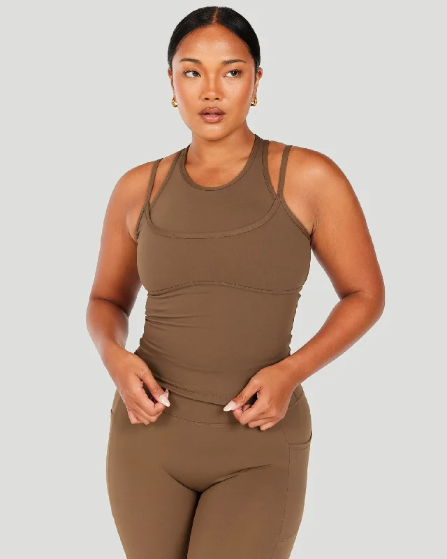 Women's Yoga Tops for Low-Impact Exercises -Aura Double Tank - Cafe Latte