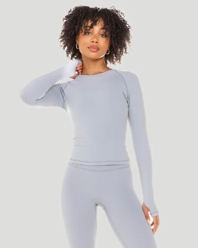 Zip-Up Yoga Tops for Extra Support -Aura Long Sleeve - Steel Grey