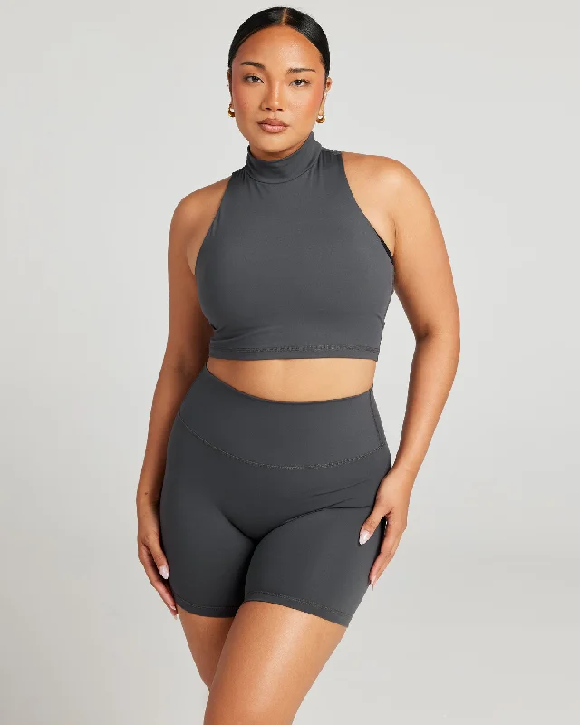 Women's Yoga Tops with High Stretch for Flexibility -Aura Mock Neck Tank - Charcoal