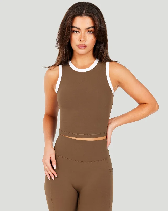 Yoga Tops for Better Posture -Aura Ringer Tank - Cafe Latte / White