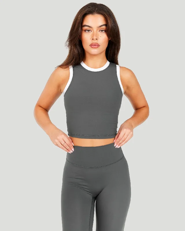 Premium Yoga Tops for Women -Aura Ringer Tank - Cloud Grey / White