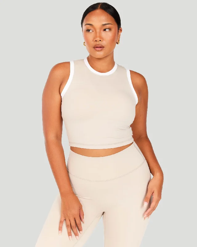 Yoga Tops for Body Movement -Aura Ringer Tank - Oat Latte / White