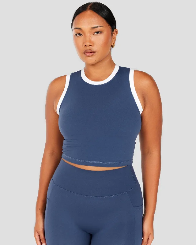 Yoga Tops for Active Lifestyles -Aura Ringer Tank - Soft Navy / White