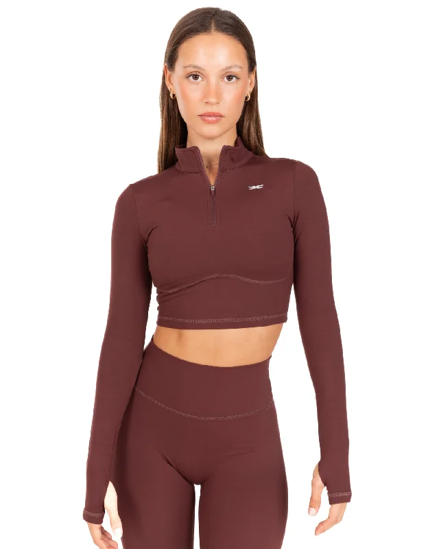 Fashionable Yoga Tops for Women -Auraluxe Crop Long Sleeve - Decadent Chocolate