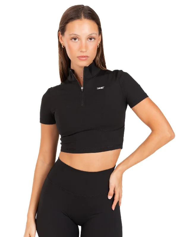Yoga Tops with Built-In Support Bra -Auraluxe Crop Tee - Black
