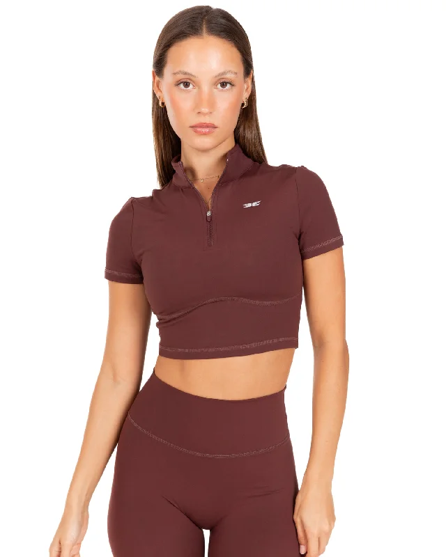 Yoga Tops for Deep Stretching Poses -Auraluxe Crop Tee - Decadent Chocolate