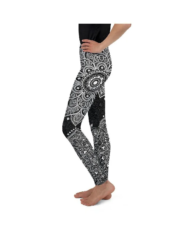 Yoga Pants for Warm-Up and Cool Down -B&W Mandala Youth Leggings