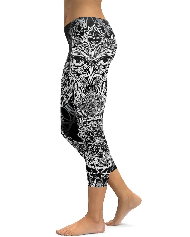 Yoga Pants with Tummy Control -B&W Ornamental Owl Capris