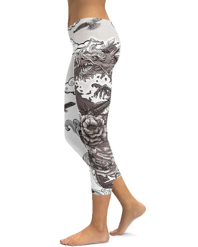 Yoga Pants for Flexibility and Style -B&W Tattooed Dragon Capris