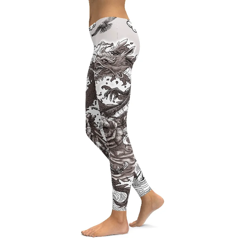 Yoga Pants with Anti-Chafing Features -B&W Tattooed Dragon Leggings