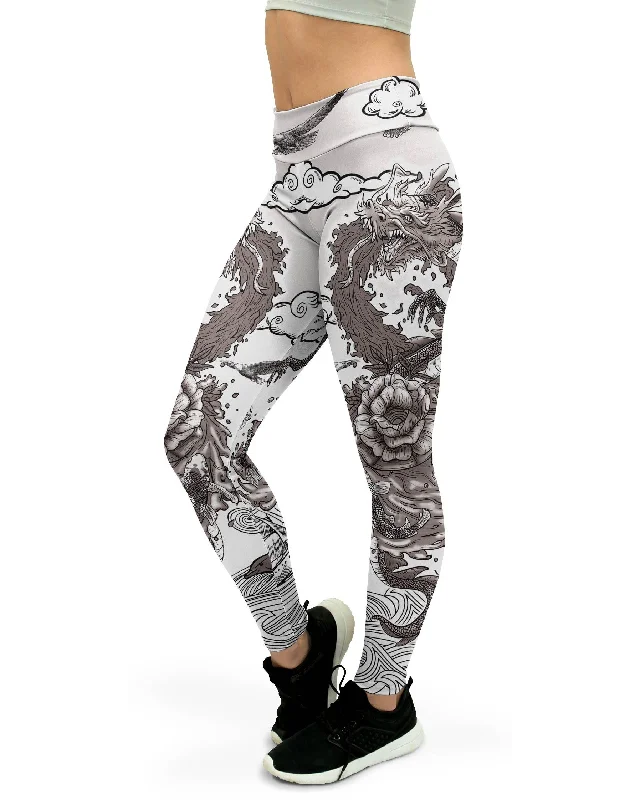 Yoga Pants with 4-Way Stretch -B&W Tattooed Dragon Yoga Pants