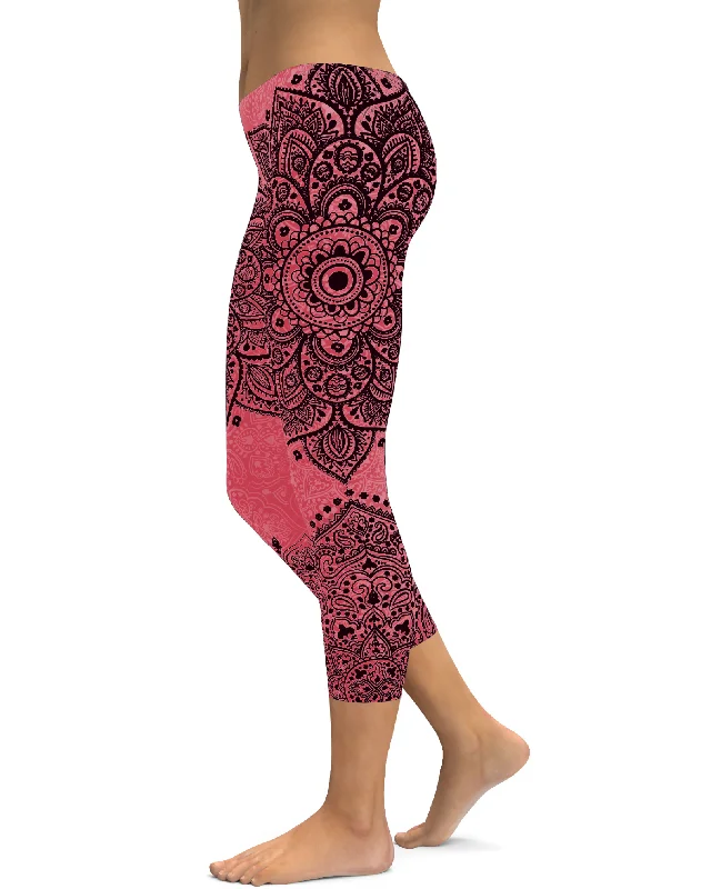 Yoga Pants for Power Yoga -Baby Pink and Black Mandala Capris