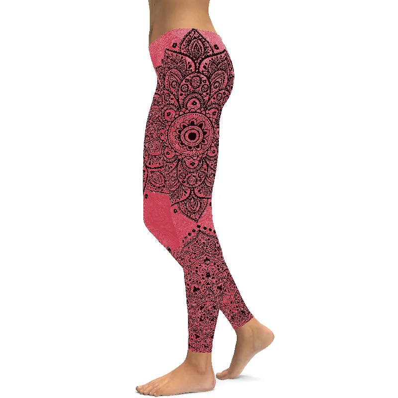 Comfortable Yoga Pants with High Waistband -Baby Pink with Black Mandala Leggings