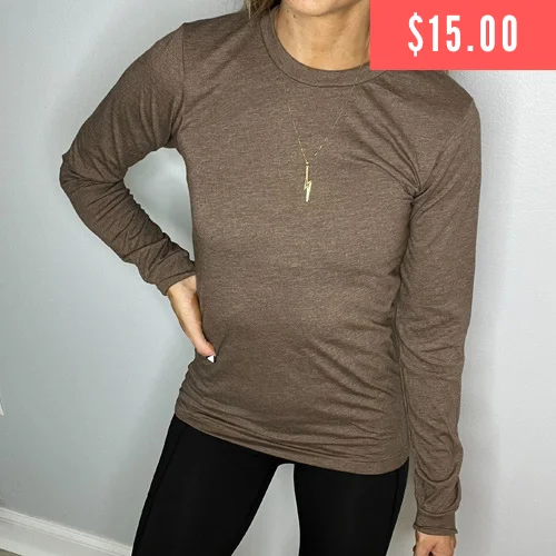 Women's Yoga Tops for Active and Casual Wear -Basic Long Sleeve Tee | Heather Brown