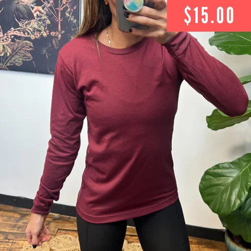 Yoga Tops for Relaxed Fit and Flexibility -Basic Long Sleeve Tee | Heather Cardinal
