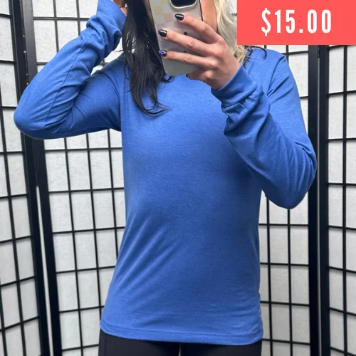 Women's Yoga Tops with Soft and Stretchy Fabric -Basic Long Sleeve Tee | Heather True Royal Women's Yoga Tops with Soft and Stretchy Fabric -Basic Long Sleeve Tee | Heather True Royal
