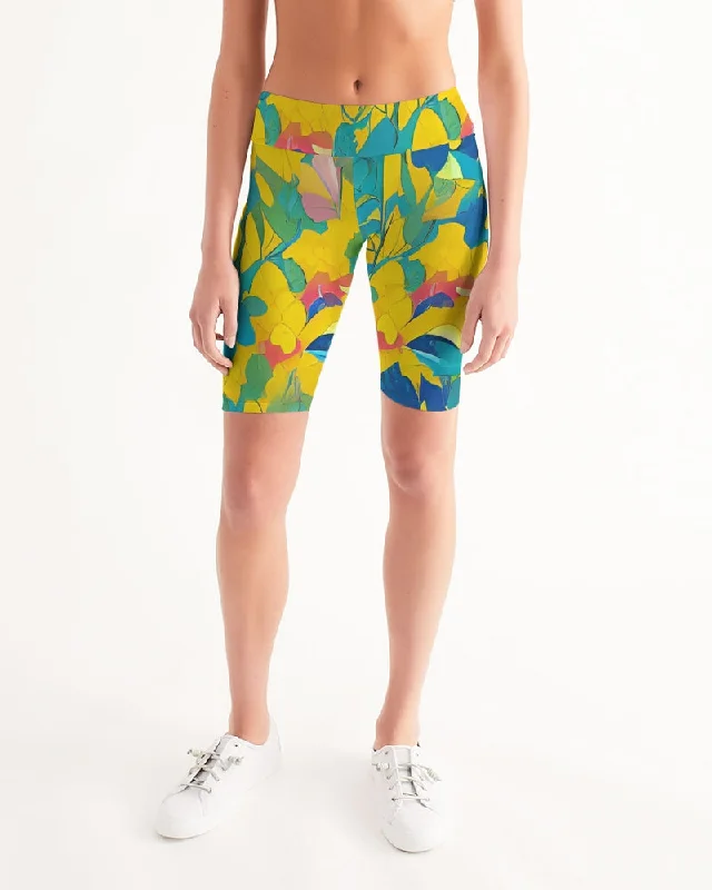 Yoga Shorts for Deep Stretching Poses -Beautiful yellow and blue hint of red pattern Women's Mid-Rise Bike Shorts Yoga Shorts for Deep Stretching Poses -Beautiful yellow and blue hint of red pattern Women's Mid-Rise Bike Shorts