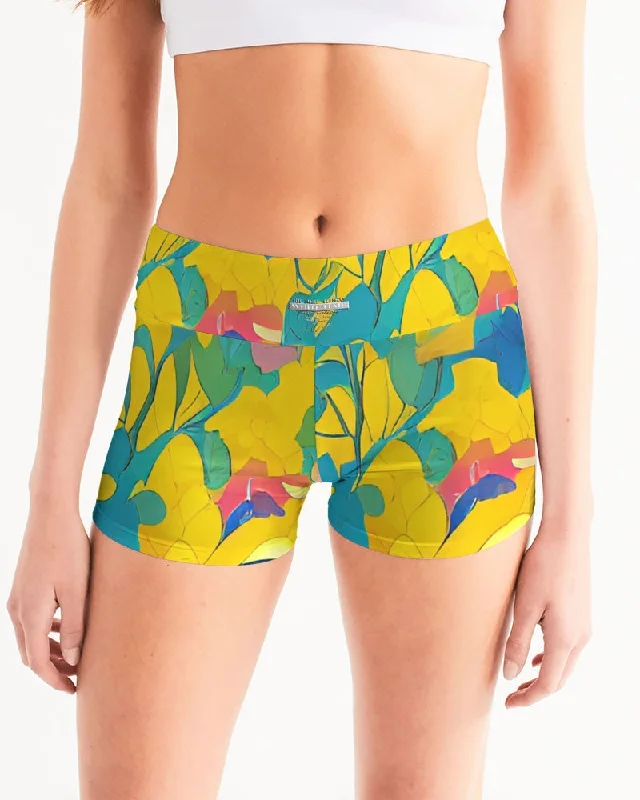 Stylish Yoga Shorts for Everyday Wear -Beautiful yellow and blue hint of red pattern Women's Mid-Rise Yoga Shorts Stylish Yoga Shorts for Everyday Wear -Beautiful yellow and blue hint of red pattern Women's Mid-Rise Yoga Shorts