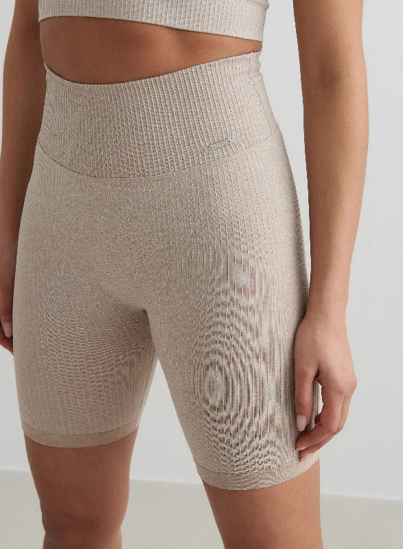 Yoga Shorts with Breathable Fabric -Beige Ribbed Seamless Biker Shorts