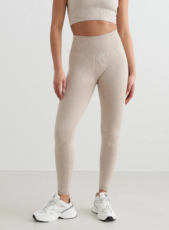 High-Waisted Yoga Pants for Core Support -Beige Ribbed Seamless Tights