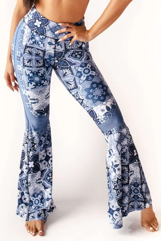 Yoga Pants for Active Women -Bell Bottoms 2.0 in Mosaic In Blue