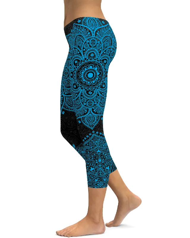 Performance Yoga Pants -Black and Cyan Blue Mandala Capris