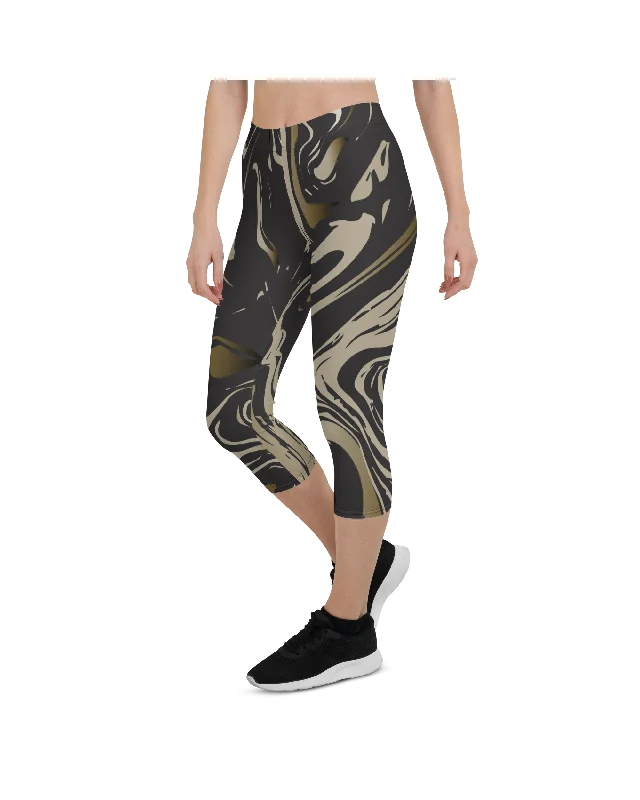 Yoga Pants for Deep Poses -Black and Gold Marble Capris