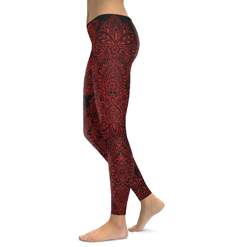 Yoga Pants for Flexibility and Balance -Black and Red Henna Tattoo Leggings