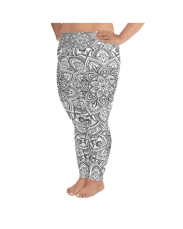 Yoga Pants with Comfortable Waistband -White & Black Mandala Plus Size Leggings