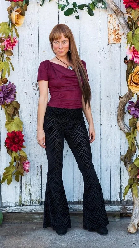 Quick Dry Yoga Pants -Black Chevron Burnout Velvet Slim Bells