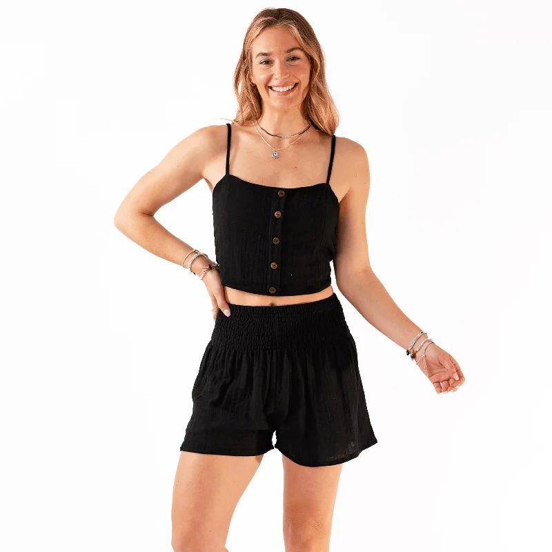 Yoga Shorts for Flexibility and Comfort -Black Cotton Crop Top & Shorts Lounge Set