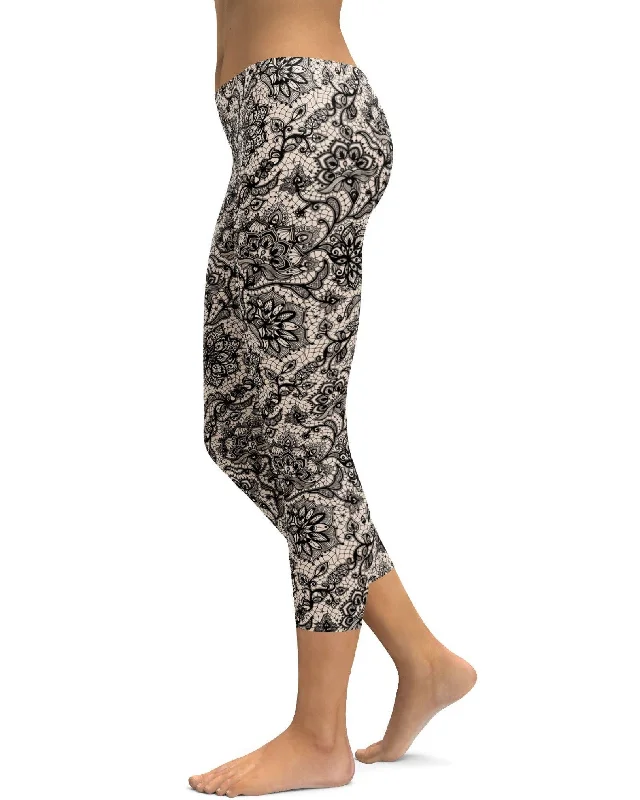 Yoga Pants for Yoga and Fitness -Black Faux Lace Capris