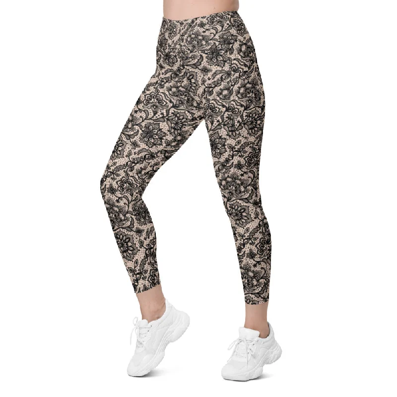 Affordable Yoga Pants for Active Lifestyles -Black Faux Lace Leggings with Pockets