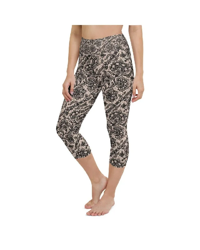 Seamless Yoga Pants -Black Faux Lace Yoga Capris