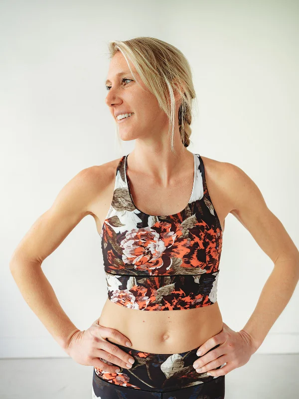Yoga Pants for Full Range of Motion -Black Floral Longline Sports Bra *FINAL SALE*