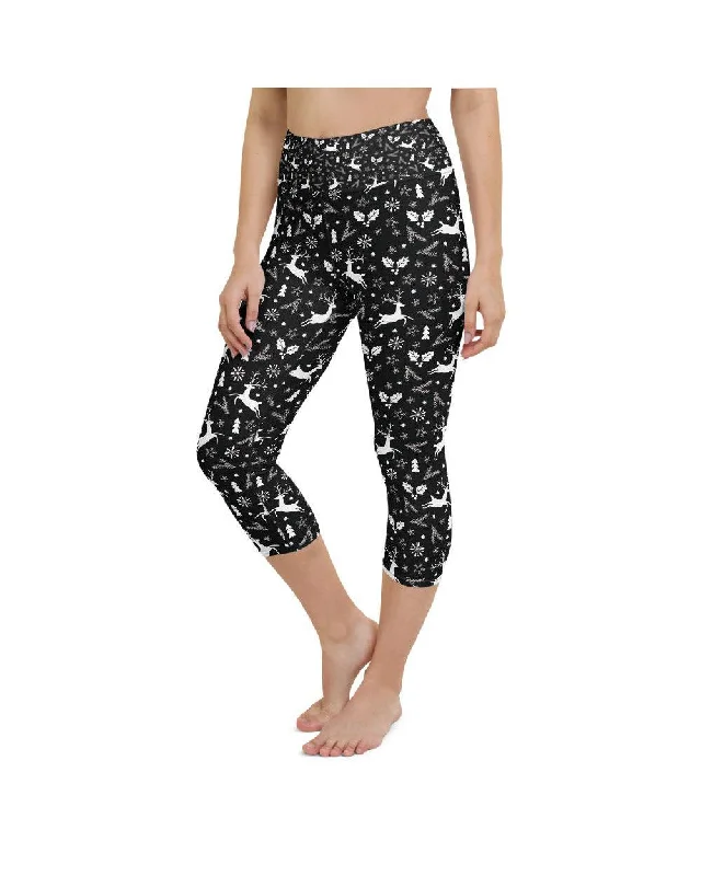 Yoga Pants with 4-Way Stretch -Black Reindeer Christmas Yoga Capris