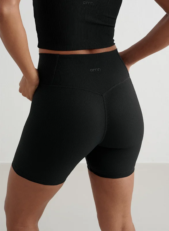 Yoga Shorts for Deep Stretching Poses -Black Ribbed Performance Midi Biker Shorts