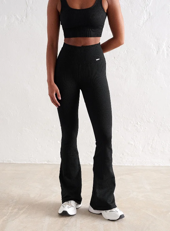 Yoga Pants for Building Strength -Black Ribbed Seamless Flare Petite Tights