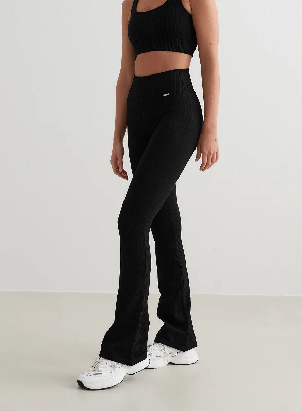 Yoga Pants for Deep Poses -Black Ribbed Seamless Flare Tights