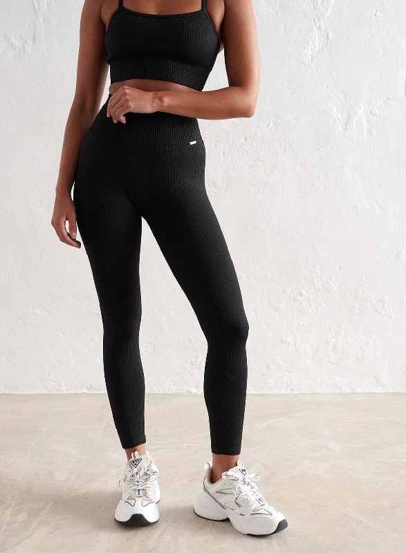 Stylish Yoga Pants for Women -Black Ribbed Seamless Petite Tights