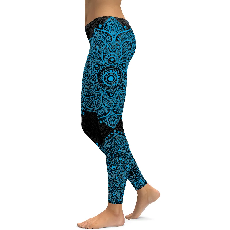 Yoga Pants for Active Women -Black and Cyan Blue Mandala Leggings