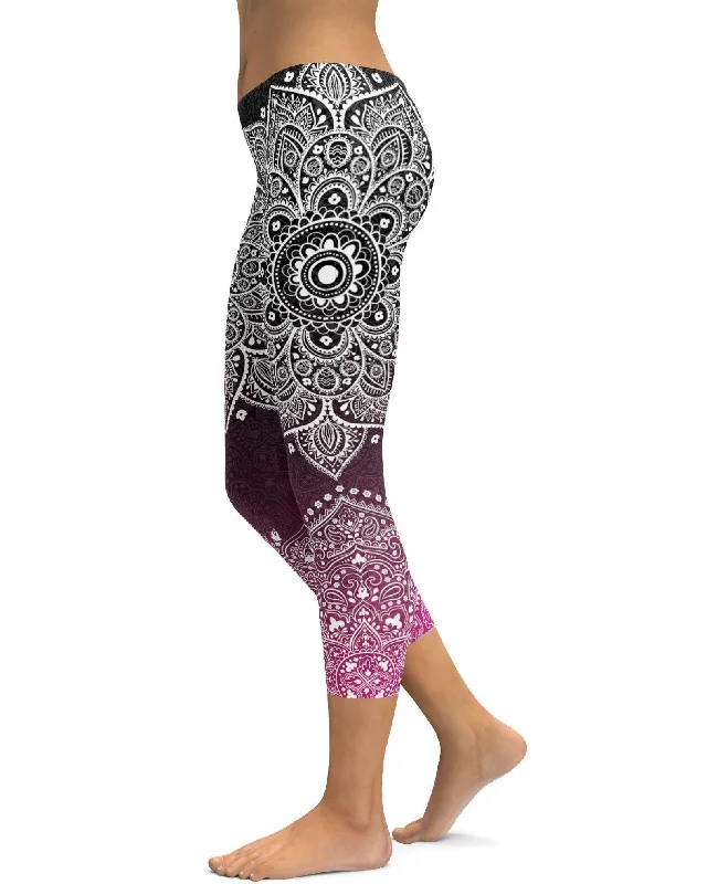 Yoga Pants for Pilates -Black to Pink Mandala Capris