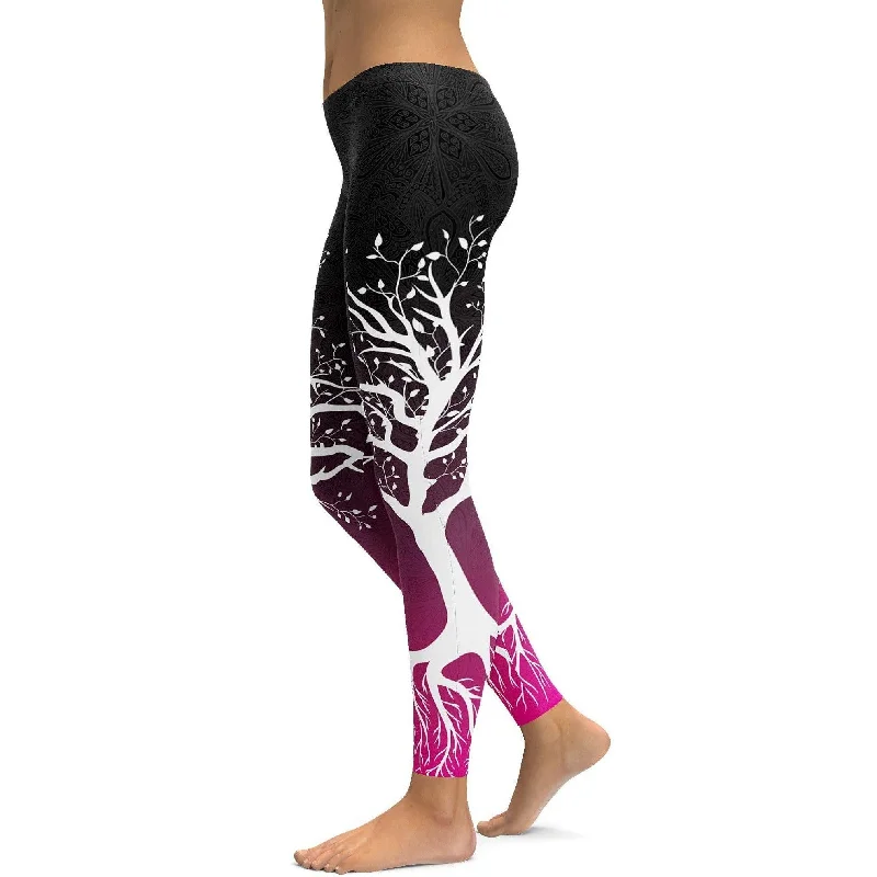 Yoga Pants for Sports and Fitness -Black to Pink Tree of Life Leggings