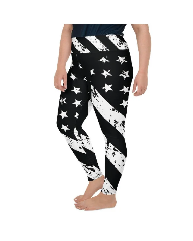 Yoga Pants for Hot Yoga -Black & White American Flag Plus Size Leggings