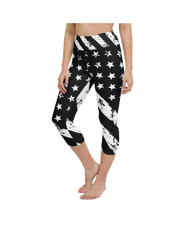 Yoga Pants for Increased Range of Motion -Black & White American Flag Yoga Capris