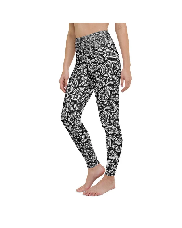 Breathable Yoga Pants for Performance -Black & White Paisley Yoga Pants
